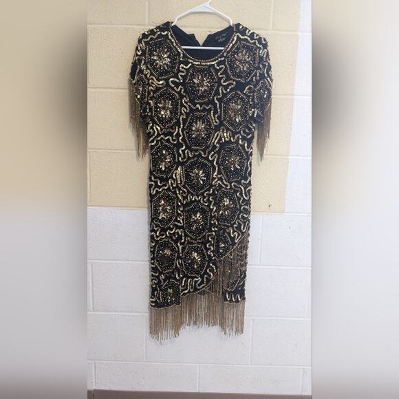Tan Chho Pure Silk Black and Gold Sequined Beaded Flapper Dress XL - Picture 1 of 14